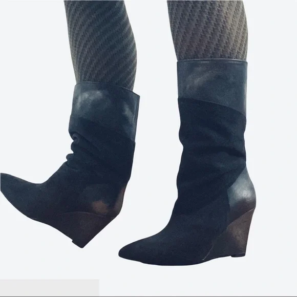 Black Suede Wedge Boots New Leather Black Pointed Toe Retro Style Size 9 - Picture 3 of 12